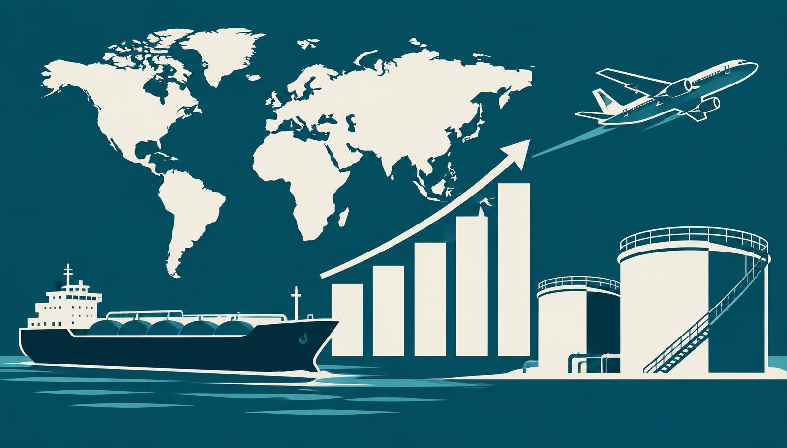 Illustration of rising trading volumes across shipping, aviation and fuel storage markets