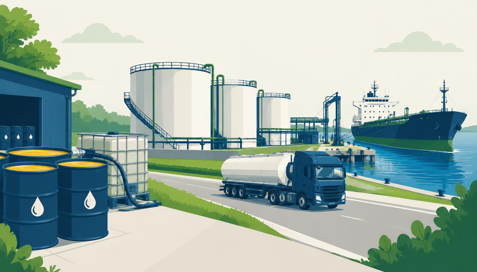 Illustration of used cooking oil drums, a storage terminal, a tanker truck and a cargo vessel representing biofuels origination