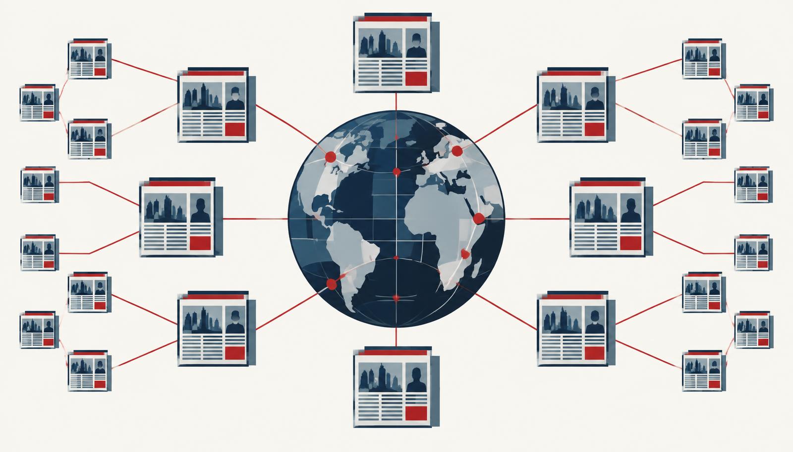 Illustration of identical newspaper pages duplicated across a network of nodes around a globe