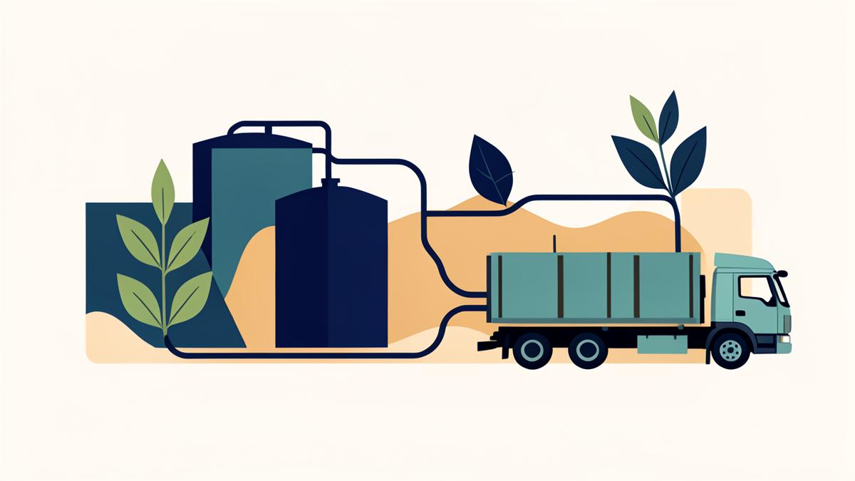 Illustration of European biofuels storage tanks and a tanker truck