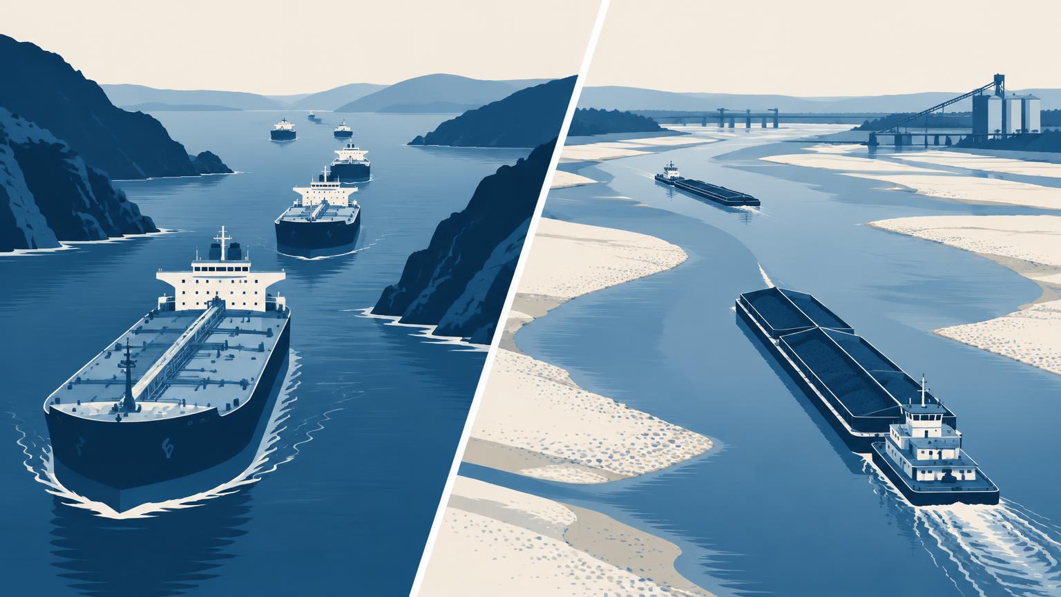 Tankers queuing at a maritime chokepoint beside a low-water river barge channel