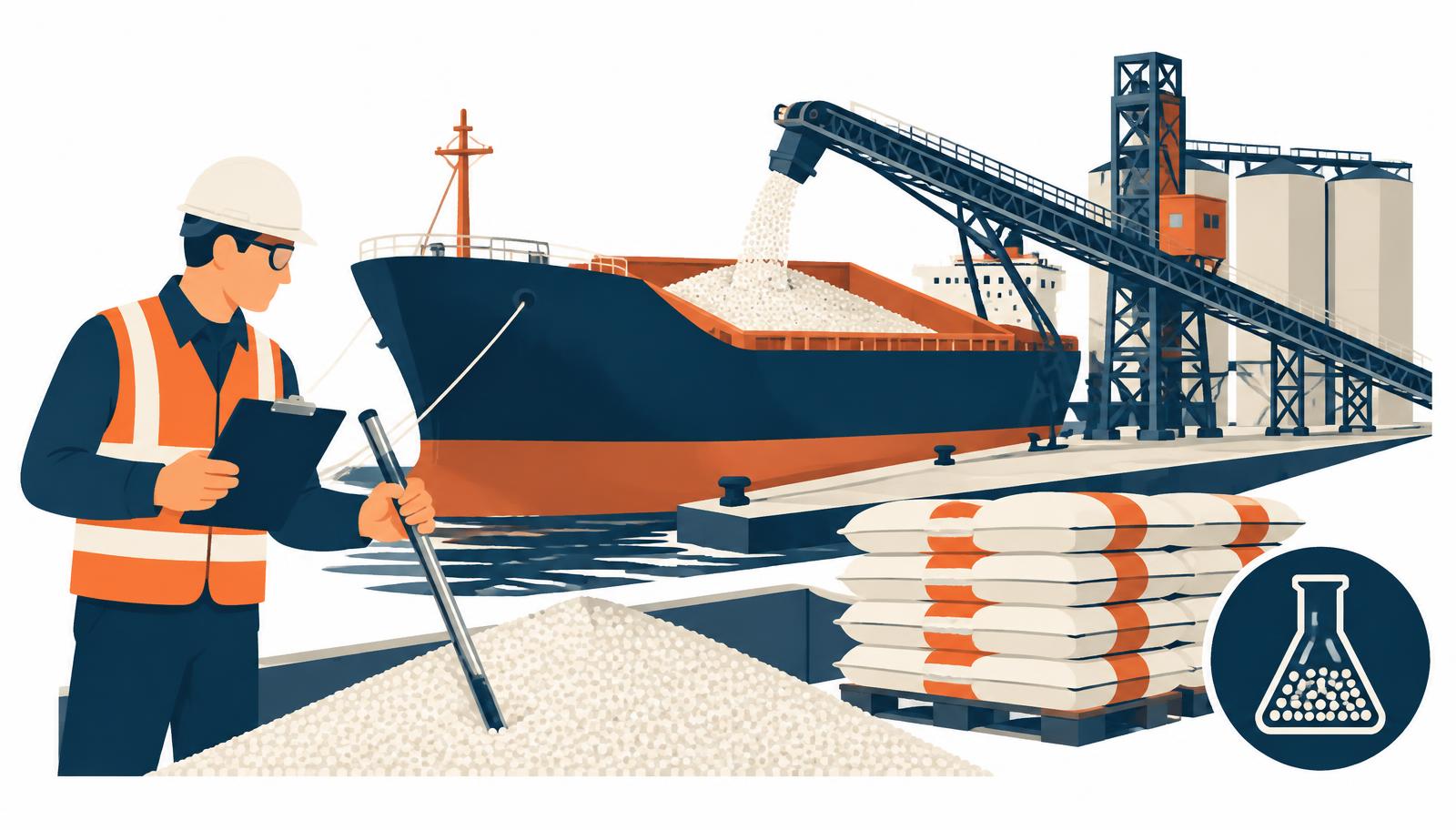 Inspector taking a sample at a fertiliser bulk cargo terminal