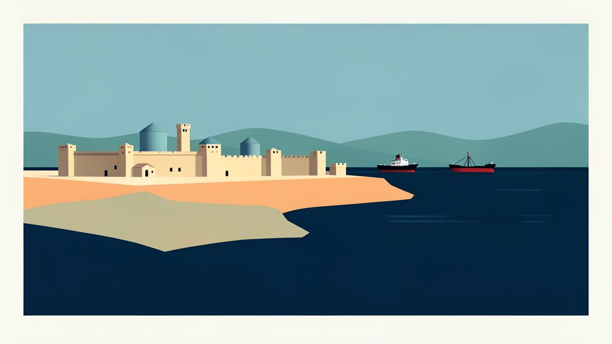 Illustration of a Mediterranean trading hub harbour with storage tanks