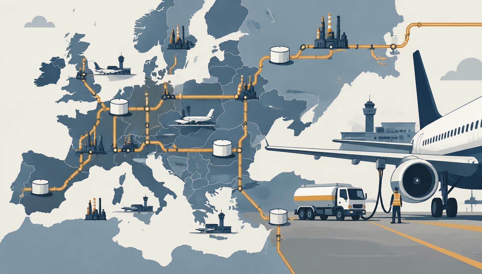 Illustration of a European jet fuel pipeline network linking refineries, storage tanks and airport terminals