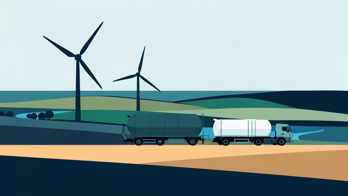Illustration of wind turbines and a biodiesel tanker truck in Eastern Europe