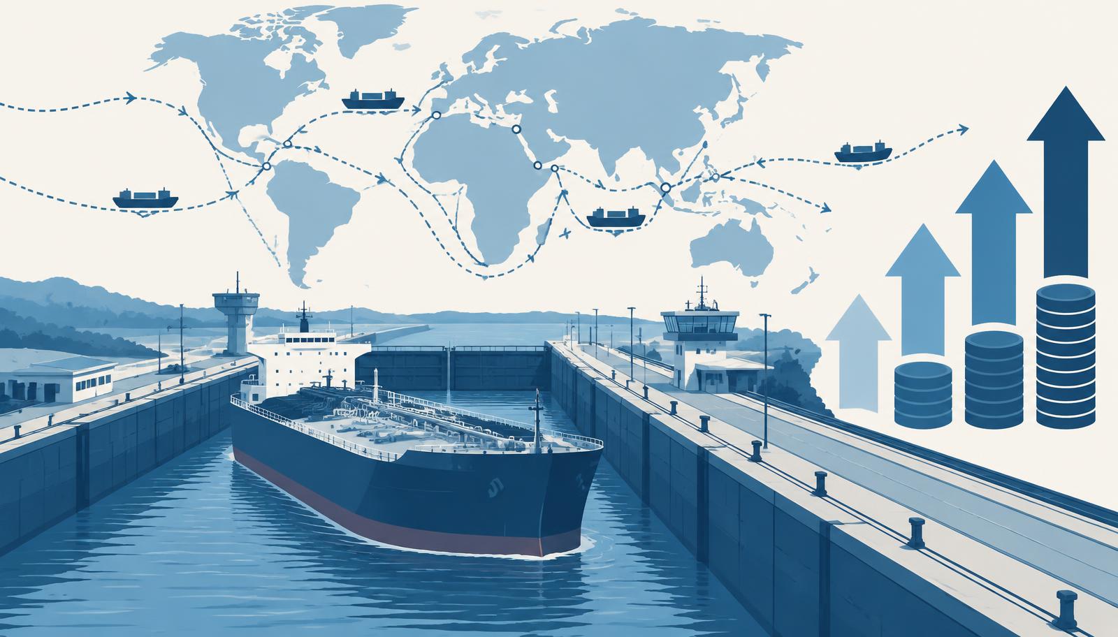 Tanker transiting a canal lock with rising shipping cost indicators
