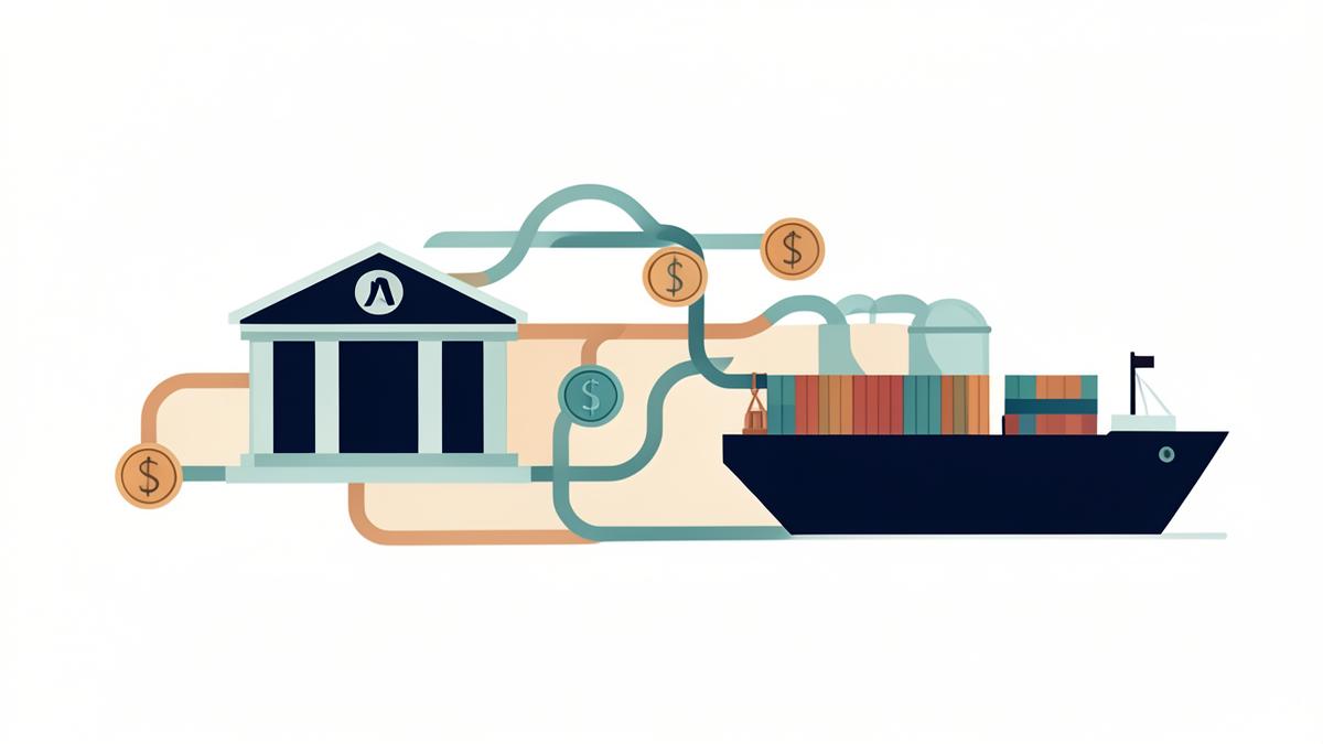 Illustration of financial flows linking banks, storage and shipping